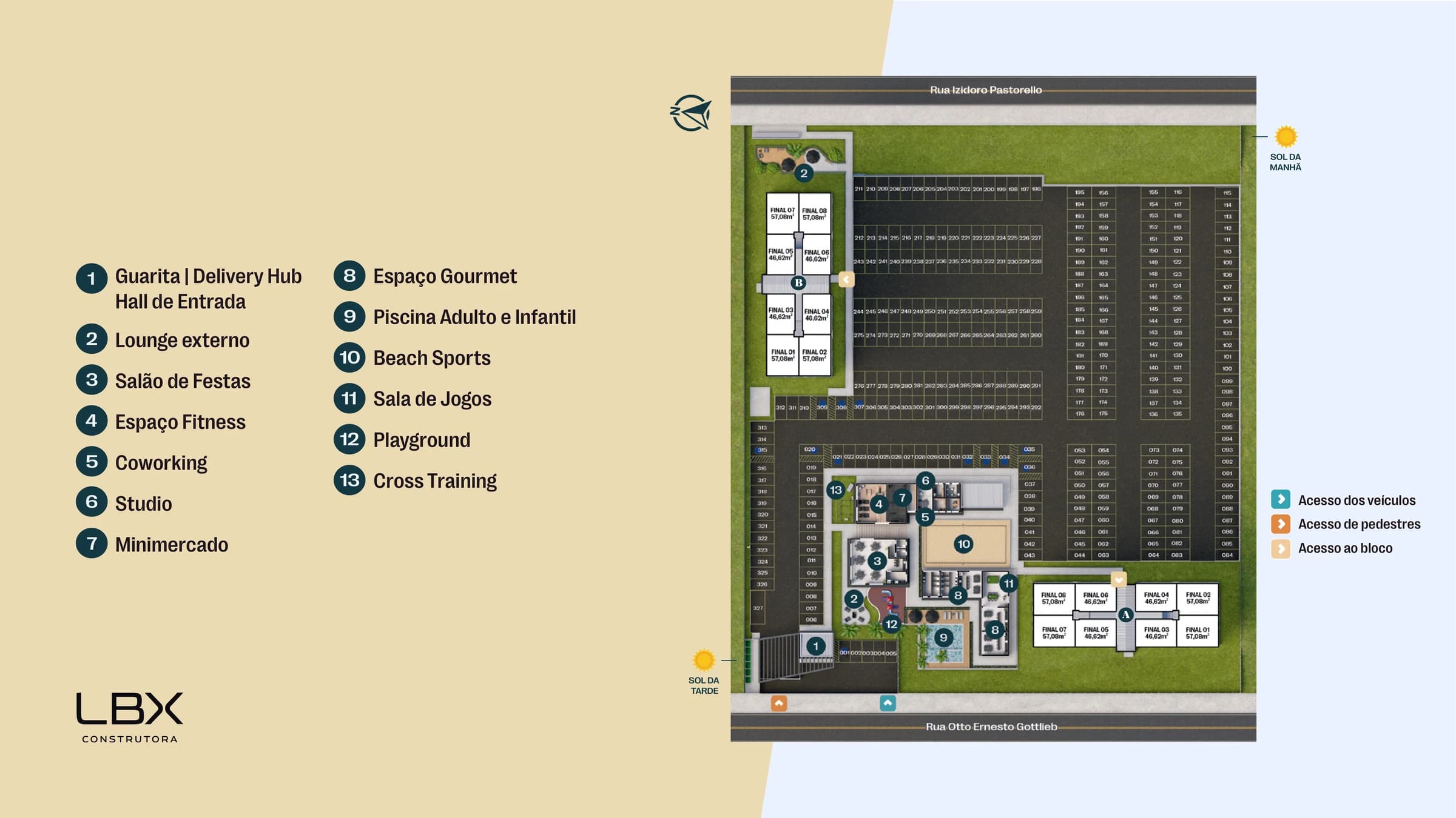 Planta de implantação do Lumina Residencial com a guarita, o delivery hub, a piscina, o beach sports e as duas torres
